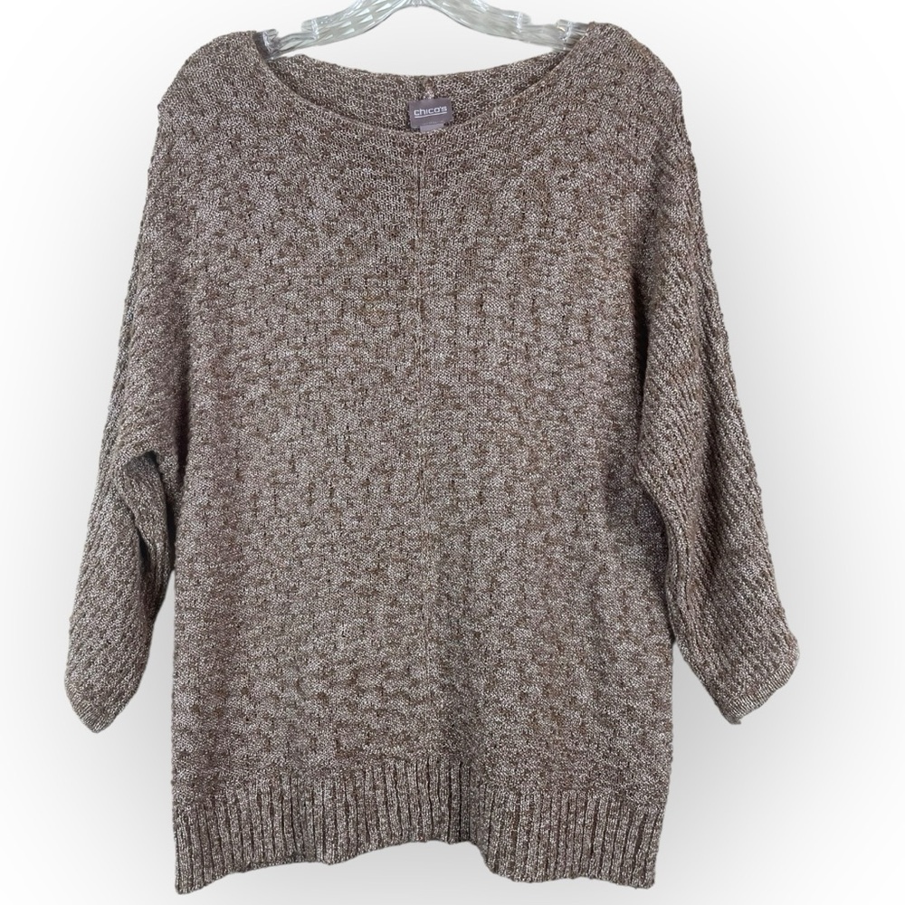 Chico’s Size 1 Brown Sweater 3/4 Length Sleeve Gold Metallic Thread Woven Fabric